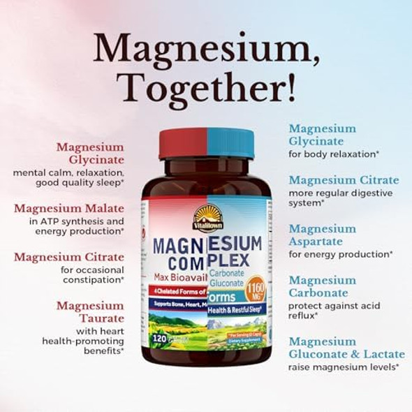 Vitalitown Magnesium Bundle (Pack Of 2) 4-In-1 & 6-In-1 Magnesium Complex For Bone & Muscle Magnesium Glycinate, Magnesium Citrate 120 Magnesium Capsules