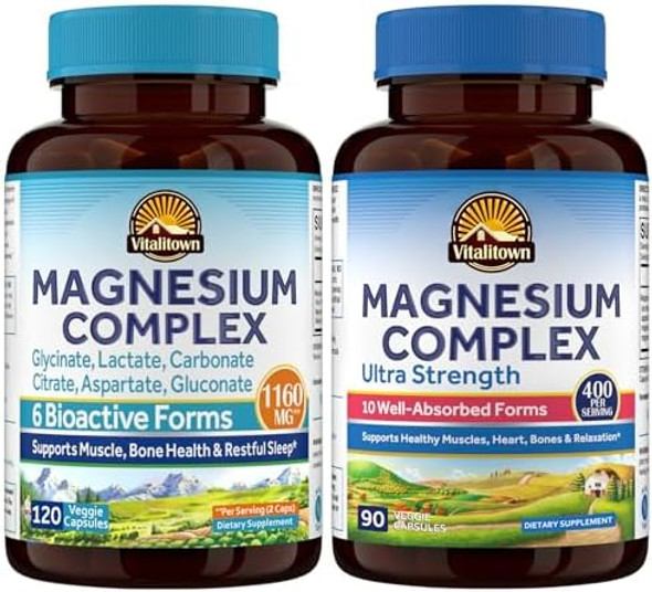 Vitalitown Magnesium Bundle (Pack Of 2) 6-In-1 & 10-In-1 Magnesium Complex For Bone, Heart & Muscle Magnesium Glycinate, Magnesium Citrate 120 & 90 Capsules