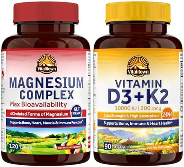 Vitalitown Magnesium Complex & Vitamin D3 K2 Bundle (Pack Of 2) For Bone Heart Immune & Muscle Magnesium Glycinate, 10000Iu D3, Mk-7 120 Mag Caps & 90 D3 Softgel Vitalitown Magnesium Complex & Vitamin D3 K2 Bundle (Pack Of 2) For Bone Heart Immune & Muscle Magnesium Glycinate, 10000Iu D3, Mk-7 120 Mag Caps & 90 D3 Softgel