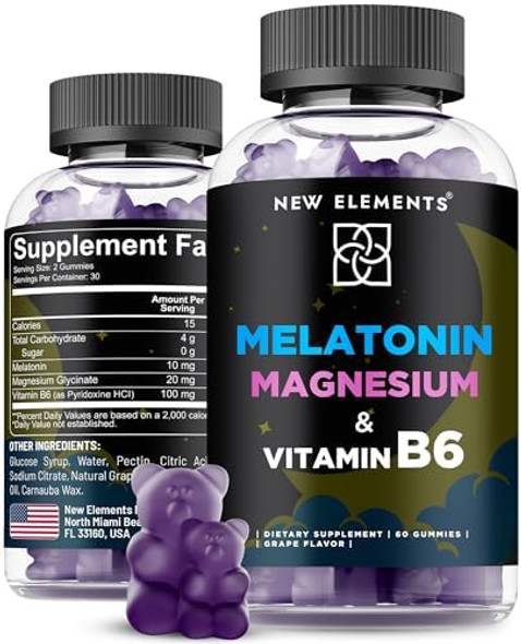 Elements Melatonin Gummies 10Mg With Magnesium Glycinate & Vitamin B6 Sleep Support, Relaxation & Stress Relief Non-Gmo, Gluten- Great-Tasting Natural Grape Flavor