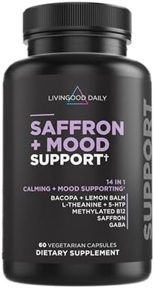 Livingood Daily Mood Support Supplement For Women & Men, 14-In-1 Formula With L Theanine, Lemon Balm, Gaba, Saffron, 5-Htp & B12, Supports Focus & Emotional Wellness, Gluten , Vegan, 60 Capsules