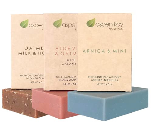 Aspen Kay Naturals Soap Set - Made With Natural And Organic Ingredients. Gentle Soap. 1 Oatmeal Milk & Honey Soap - 1 Calamine Soap - 1 Arnica & Mint Soap - 4.5Oz Bar