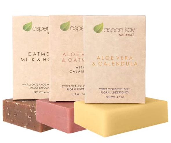 Aspen Kay Naturals Soap Set - Made With Natural And Organic Ingredients. Gentle Soap. 1 Oatmeal Milk & Honey Soap - 1 Calamine Soap - 1 Aloe Vera & Calendula Soap - 4.5Oz Bar