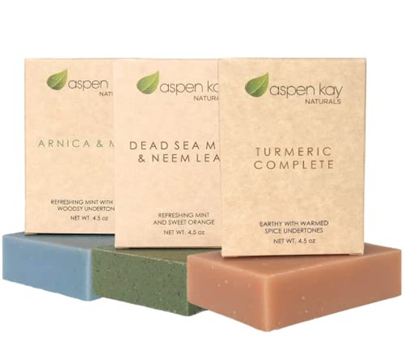 Aspen Kay Naturals Soap - Made With Natural And Organic Ingredients. Gentle Soap. 1 Turmeric Soap - 1 Anica & Mint Soap - 1 Dead Sea Mud & Neem Soap - 4.5Oz Bar