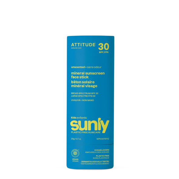 Attitude Mineral Sunscreen Stick For Kids Spf 30 Ewg Verified Plastic- Broad Spectrum Uva/Uvb Protection With Zinc Oxide Dermatologically Tested Vegan Unscented 2.1 Ounces