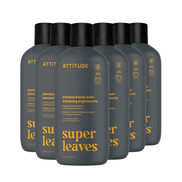 Attitude 2In1 Shampoo And Body Wash Ewg Verified Plant And Mineral-Based Vegan Personal Care Products Ginseng And Grapeseed Oil 16 Fl Oz (Pack Of 6)
