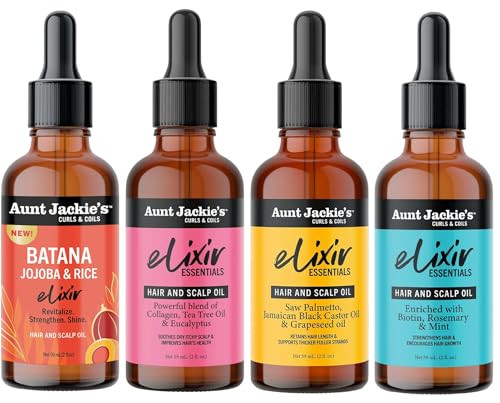 Aunt Jackie'S Curls & Coils Elixirs Hair & Scalp Oils Collection – Batana Biotin Rosemary & Mint Collagen Tea Tree & Eucalyptus Saw Palmetto Jamaican Black Castor & Grapeseed Oils (4 Products)