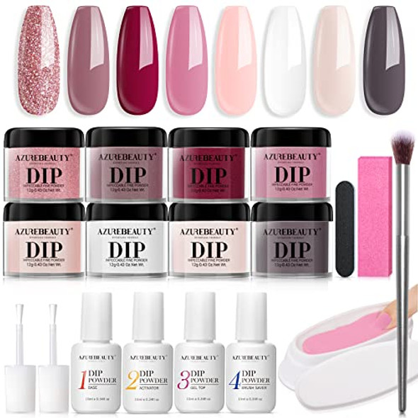 Azurebeauty 18Pcs Dip Powder Nail Kit Starter 8 Colors Clear Nude Pink Glitter All Season Dipping Powder System Essential Liquid Set With Top/Base Coat For French Nail Art Manicure Diy Salon