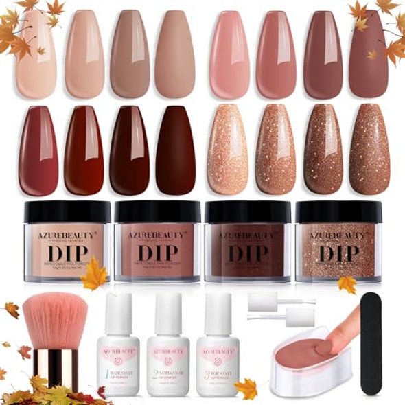 Azurebeauty Dip Powder Nail Kit Starter Fall 4 Colors Skin Nude Brown Glitter Acrylic Dipping Powder Liquid Set With Base/Top Coat Activator For Daily French Nail Art Manicure Diy  12 Pcs