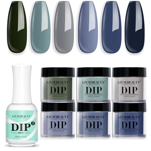 Azurebeauty Dip Powder Nail Set Blue Sage Green Grey Shades All Seasons 6 Colors Bundle With Base Coat 15Ml