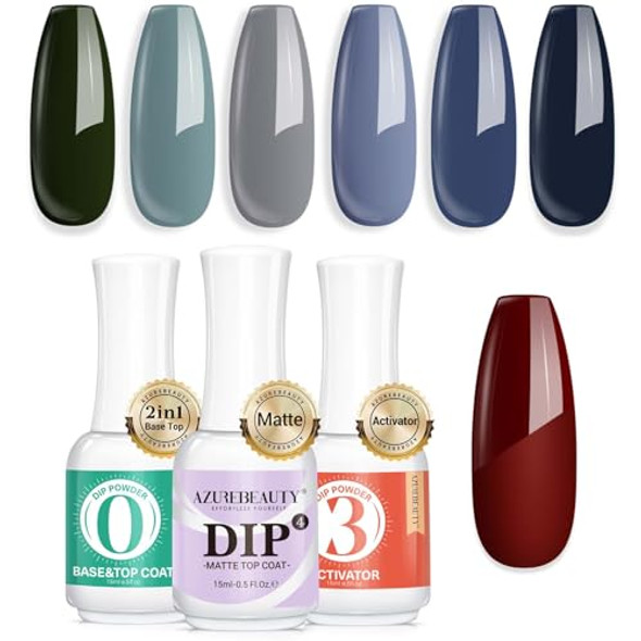 Azurebeauty Dip Powder Nail Set Blue Sage Green Grey Shades All Seasons 6 Colors Bundle With 3 Pcs Dip Powder Liquid Set Base & Top Coat With Activator & Matte Coat