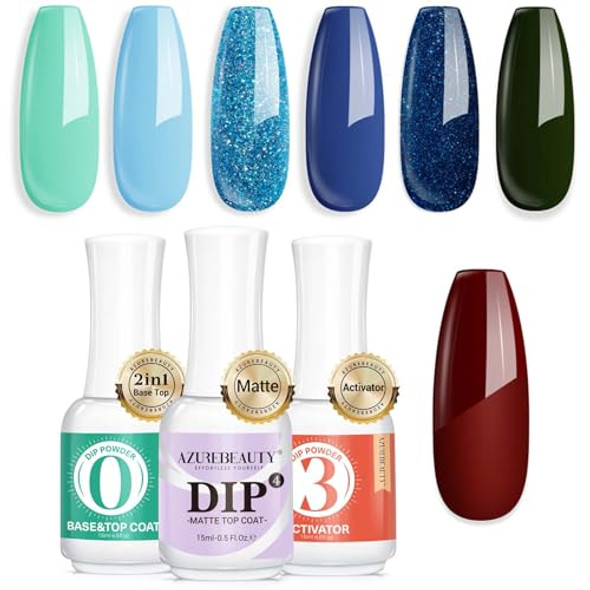 Azurebeauty Dip Powder Nail Set Blue Green Shimmery All Seasons 6 Colors Bundle With 3 Pcs Dip Powder Liquid Set Base & Top Coat With Activator & Matte Coat