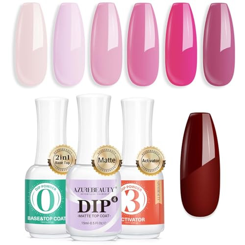 Azurebeauty Pink Dip Powder Nail Set 6 Colors Light/Hot Pink Cherry Blossom Shades Bundle With 3 Pcs Dip Powder Liquid Set Base & Top Coat With Activator & Matte Coat