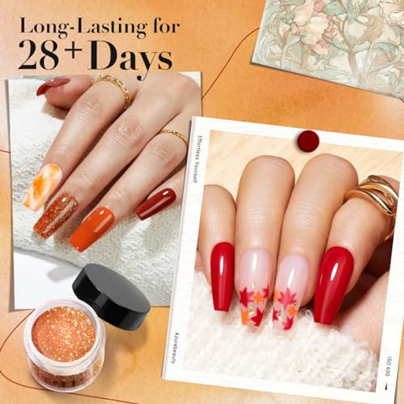 Azurebeauty Fall Dip Powder Nail Set Yellow Orange Gold Red Shimmery Green Glitter 6 Colors Dipping Powder Starter Kit French Nail Art Manicure Diy Salon No Need Nail Lamp Cured