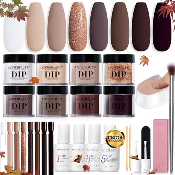 Azurebeauty 30Pcs Dip Powder Nail Kit Starter 8 Colors Fall Nude Brown Glitter Purple Nude With Nail Sticks Nail Art Liquid Set With Matte/Base/Top Coat Activator For French Manicure Salon