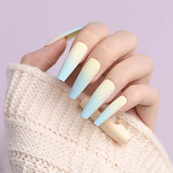 Azurebeauty Press On Nails Long Coffin Ballerina Fake Nails Kit With Design Matte French Gradient Blue Ombre Acrylic False Nail Art Salon For Women Girls With Glue Stick 24Pcs