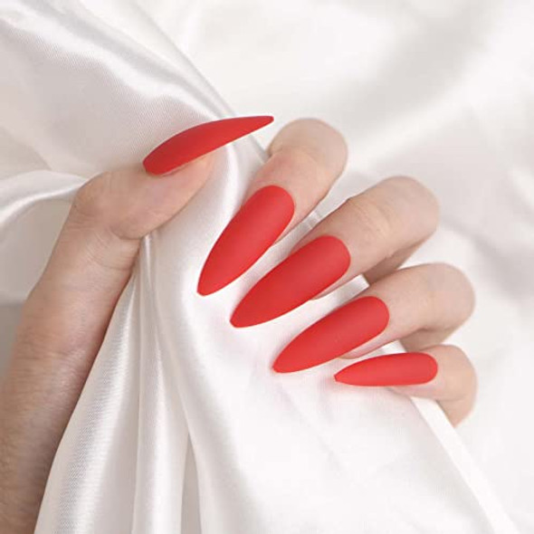 Azurebeauty Press On Nails Long Almond Classic Red Color Fake Nails With Design Pure Color Kit Matte Acrylic False Nail Art Salon For Women Christmas With Glue Stick 24Pcs10 Sizes
