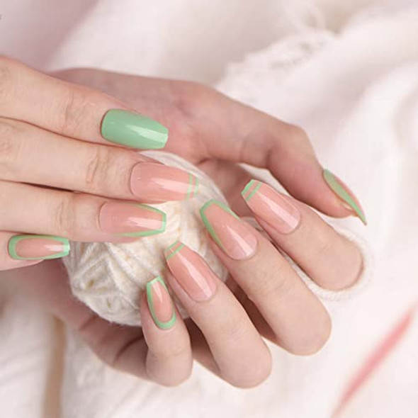 Azurebeauty 24Pcs Medium Length Press On Nails Azurebeauty Short Coffin Fake Nails With Design French Acrylic False Nail Full Cover Art Salon Kit For Women Girls With Glue Stick10 Sizes(Nude Pink&Green)