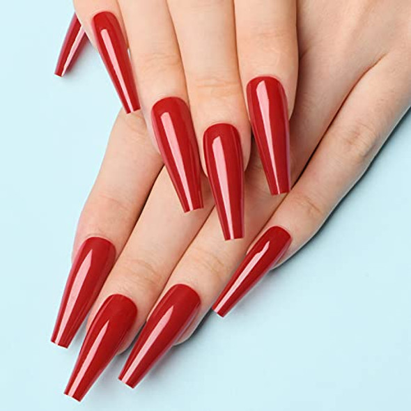 Azurebeauty Extra Long Press On Nails Coffin Ballerina Classic Red Fake Nails Kit Acrylic Stick On Nails For Women And Girls Azurebeauty 24Pcs Reusable False Nails