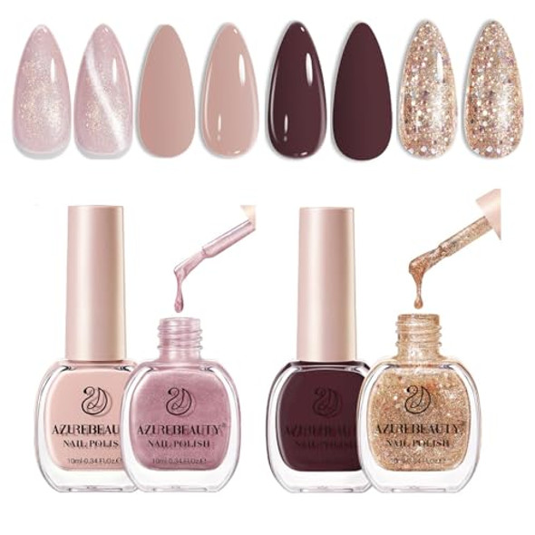 Azurebeauty Cat Eye Nail Polish Set Brown Nail Polish Set 2 Colors Glitter Quick Dry Nail Polish Kits Fall Long Lasting French Tip Nail Polish Natural Manicure Diy Home  For Girls