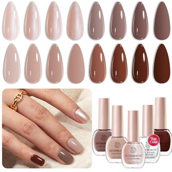 Azurebeauty Nail Polish Set 4 Colors Fall Winter Brown Glitter Nude Glitter Quick Dry Natural Nail Lacquer Strengthening Treatment Kit With Top Coat Diy Salon At Home