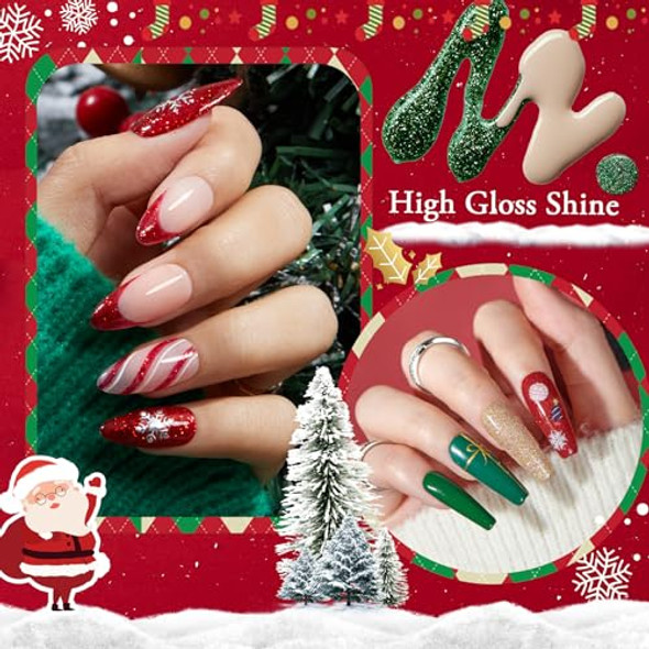 Azurebeauty Christmas Nail Polish Set 6 Colors Glitter Red Green Quick Dry With Top Coat & Nail Polish Remover Long Lasting Sheer