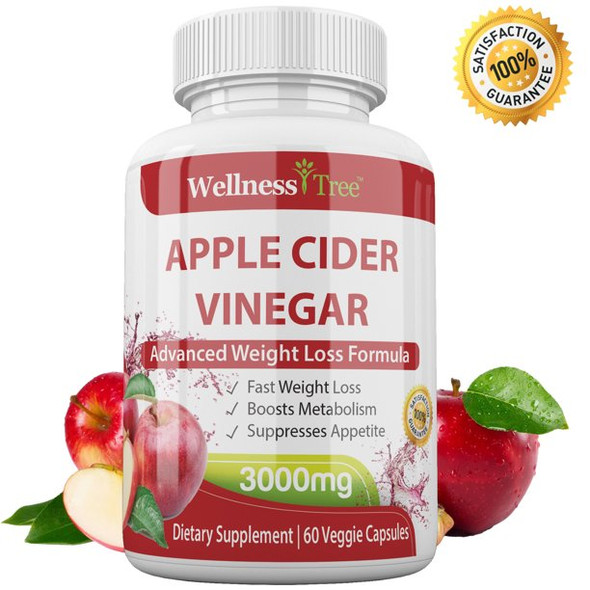 High Strength Raw Apple Cider Vinegar Capsules 3000mg Pure Weight Losss and Detox 60 caps USA