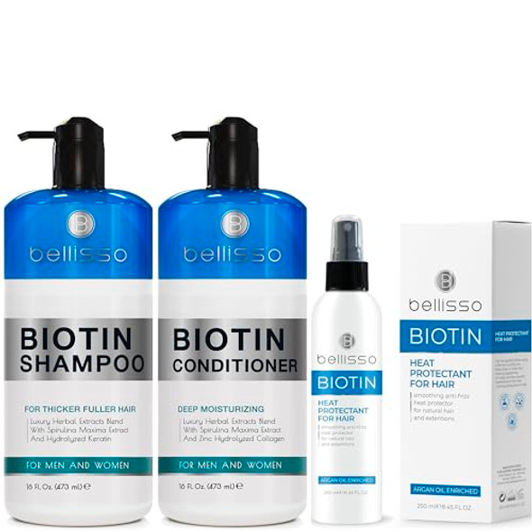 Bellisso Biotin Shampoo And Conditioner Set And Biotin Heat Protectant Spray For Hair With Moroccan Argan Oil