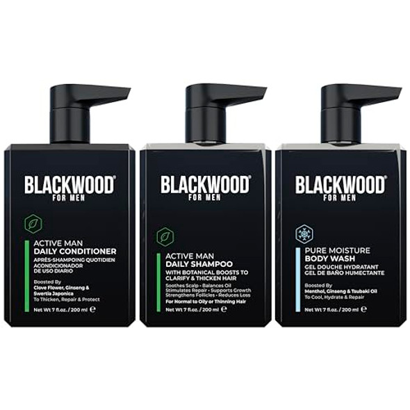Blackwood For Men Active Man Daily Shampoo (7 Oz) Conditioner (7 Oz) & Pure Moisture Body Wash (7 Oz) Bundle - Men'S Thickening Formula For Hair Loss & Dandruff - Sulfate Paraben & Cruelty