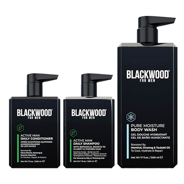 Blackwood For Men Active Man Daily Shampoo (7 Oz) Conditioner (7 Oz) & Pure Moisture Body Wash (17 Oz) Bundle - Men'S Thickening Formula For Hair Loss & Dandruff - Sulfate Paraben & Cruelty