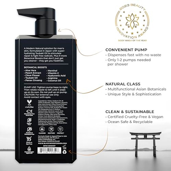 Blackwood For Men Pure Moisture Body Wash (17 Oz) + Double Duty Beard & Body Scrubber Bundle - Natural Vegan Formula For Sensitive Skin And Workout Recovery - Dual-Sided Men'S Shower Tool