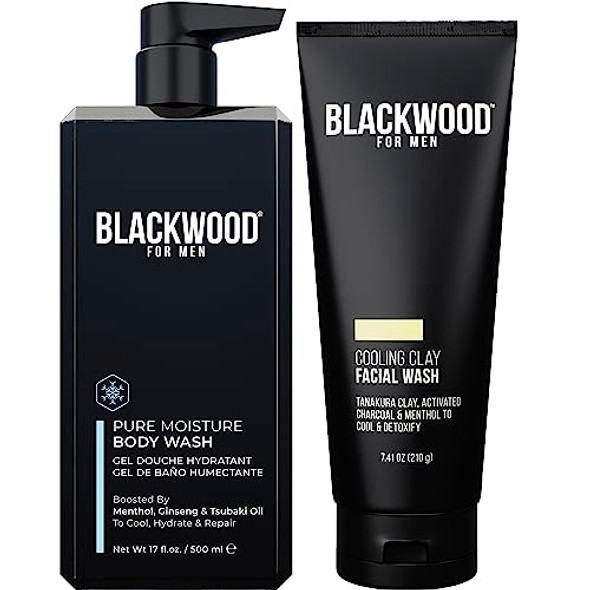 Blackwood For Men Body (17 Oz) & Face Wash (7.41 Oz) Bundle - For Sensitive Skin Workout Recovery Deep Cleansing Acne - Infused With Ginseng Menthol Charcoal & Clay - Sulfate  Paraben