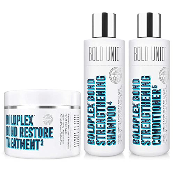 Bold Uniq Boldplex Bond Repair Hair Protein Treatment Bundle. Regime For Dry Damaged Hair. Hydrating & Conditioning For Curly Colored Frizzy Broken & Bleached Hair. Paraben & Sulfate .