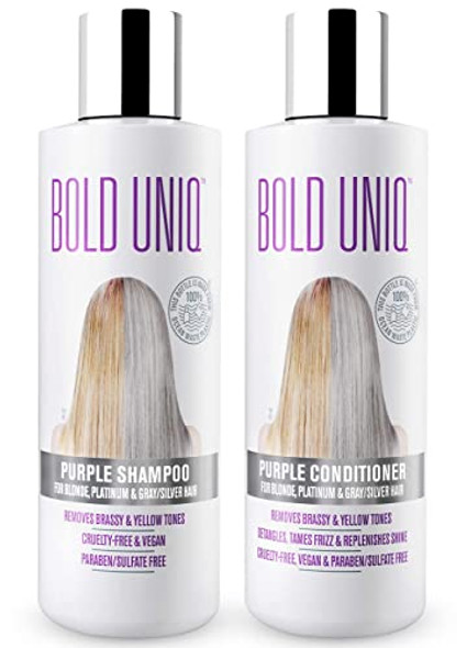 Bold Uniq Purple Shampoo & Conditioner Duo - Eliminates Brassy Yellow Tones. Lightens Blonde Platinum Ash Silver And Grays. Paraben & Sulfate  Vegan And Cruelty .