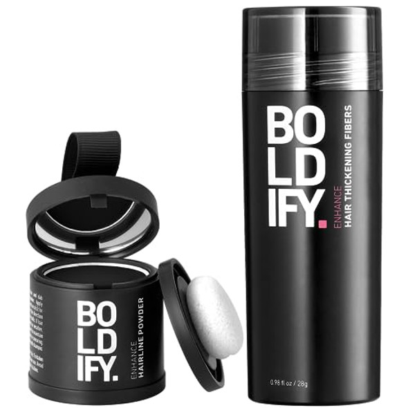 Boldify Hair Fiber + Hairline Powder: Build & Conceal Bundle - Undetectable Hair Thickener For Fine Hair Instant Stain-Proof Root Touchup Powder Men & Women (Black)
