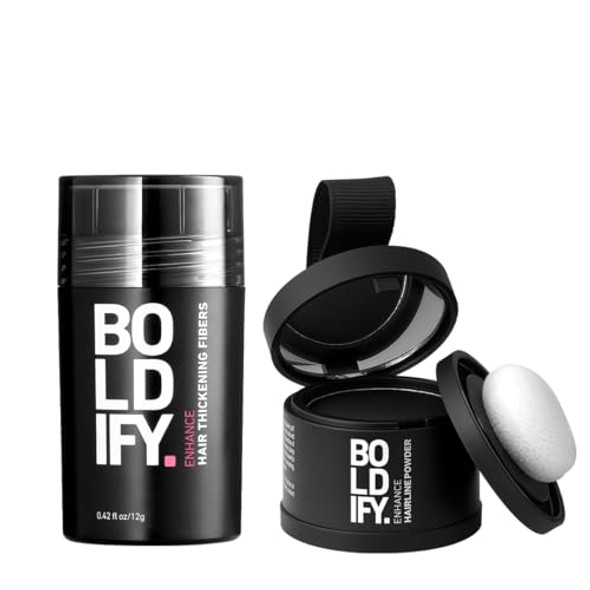 Boldify Hair Fiber + Hairline Powder: Build & Conceal Bundle - Undetectable Hair Thickener For Fine Hair Instant Stain-Proof Root Touchup Powder For Men & Women -Black