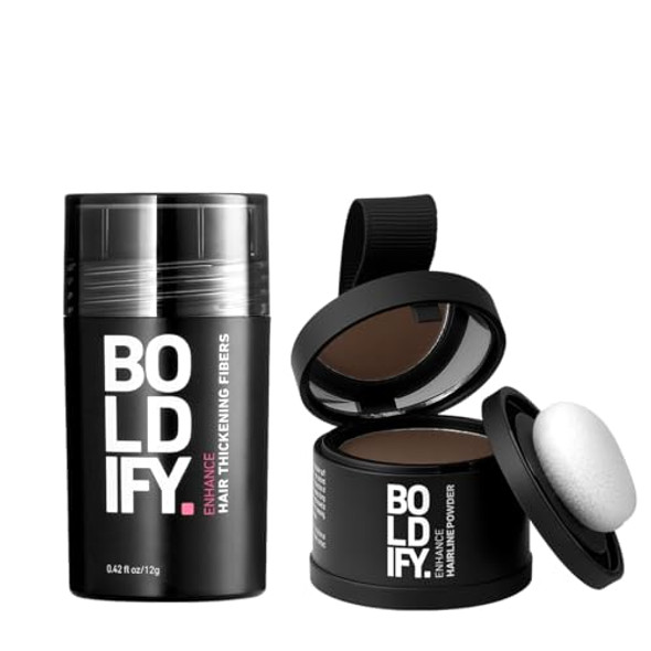 Boldify Hair Fiber + Hairline Powder: Build & Conceal Bundle - Undetectable Hair Thickener For Fine Hair Instant Stain-Proof Root Touchup Powder For Men & Women (Medium Brown)