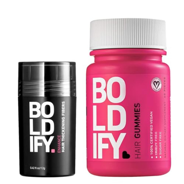 Boldify Hair Fibers + Biotin Gummies: Conceal & Glow Bundle: Undetectable & Natural Hair Fibers For Men & Women & All Natural Vegan & Sugar  Gummies (Black)