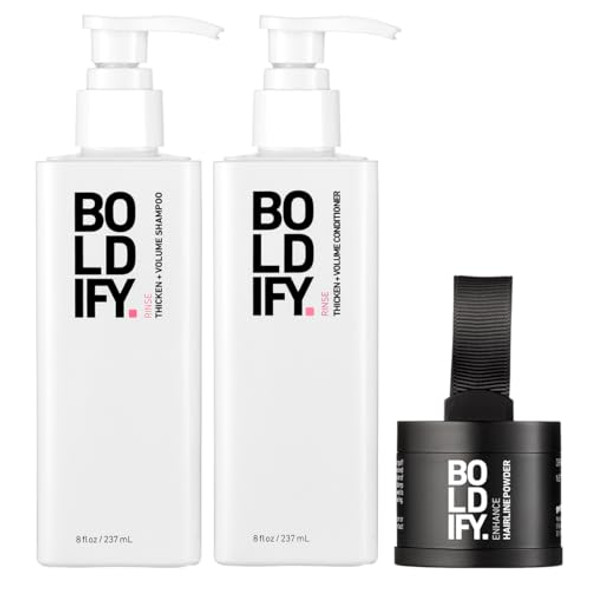 Boldify Hairline Powder + Shampoo + Conditioner: Bundle: Root Touchup Hair Loss Powder And Natural Volumizing Shampoo And Conditioner For Fine Hair (Grey)