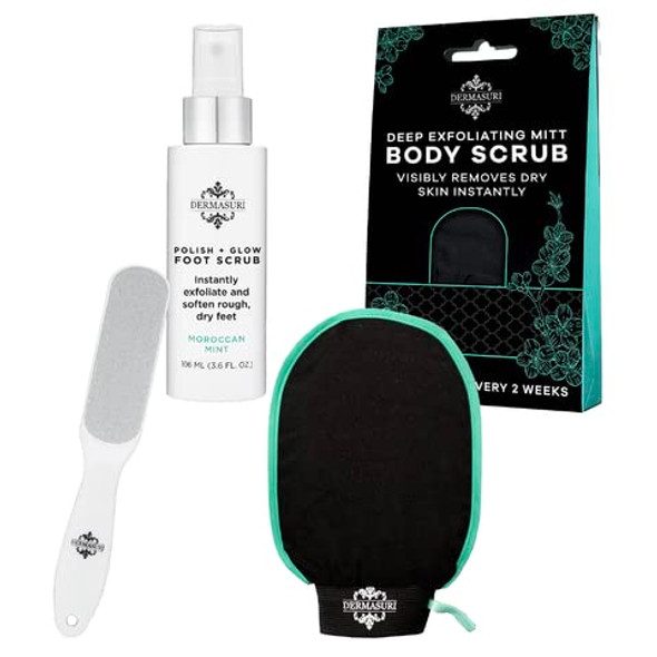 Dermasuri - Deep Exfoliating Body Scrub & Foot Scrub Set Bundle - Shower Body Exfoliator Glove Spa Exfoliation Mitt & Exfoliating Feet Spray - Dry Skin Remover Sole File - Skin Care Spa Treatment Pro