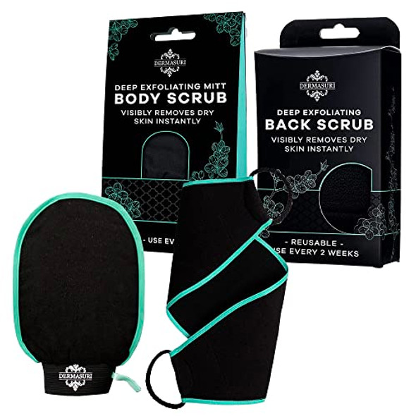Dermasuri - Deep Exfoliating Body Mitt & Back Scrub Bundle - Bath & Shower Body Scrubs - Cleansing & Full Body Exfoliation - Spa Exfoliator Glove - Dry Skin Care Treatment For Women & Men Dermasuri - Deep Exfoliating Body Mitt & Back Scrub Bundle - Bath & Shower Body Scrubs - Cleansing & Full Body Exfoliation - Spa Exfoliator Glove - Dry Skin Care Treatment For Women & Men
