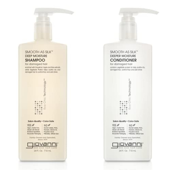 Giovanni Hair Care Products Giovanni Smooth As Silk Deeper Moisture Shampoo & Conditioner Set 24 Oz. Calms Frizz Detangles Wash & Go Co Wash No Parabens Color Safe 24 Fluid_Ounces