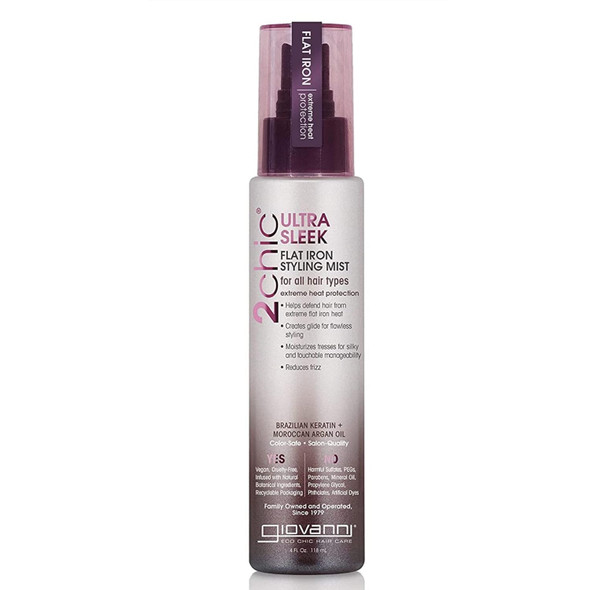 Giovanni 2Chic Ultra-Sleek Flat Iron Styling Mist - Brazilian Phyto-Keratin & Moroccan Argan Oil Heat Protection Coconut Shea Butter Pro-Vitamin B5 Color Safe Paraben  - 4 Oz