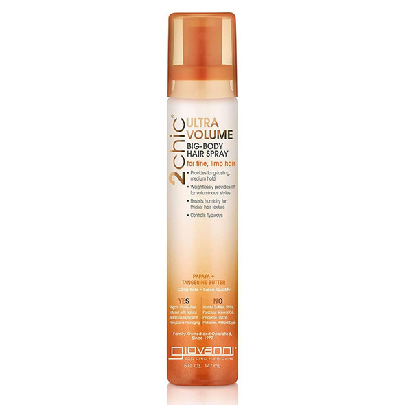 Giovanni 2Chic Ultra-Volume Big-Body Hair Spray - Daily Volumizing Formula With Papaya & Tangerine Butter Promotes Weightless Control For Fine Limp Thin Hair No Parabens Color Safe - 5 Fl Oz