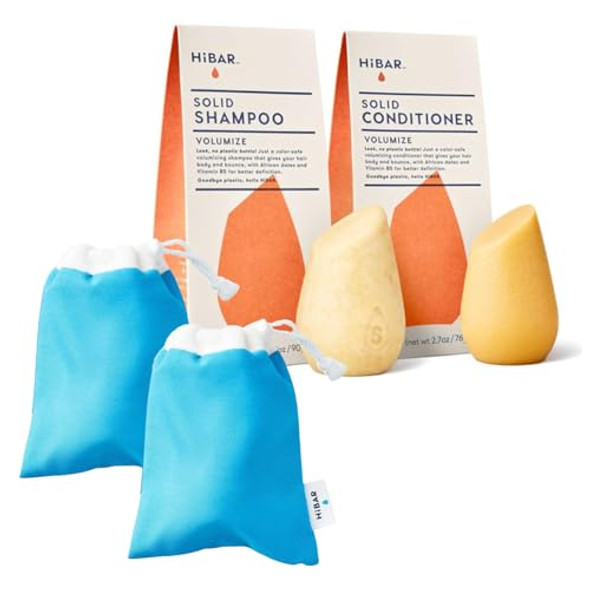 Hibar Bundle - Volumize Shampoo & Conditioner Set + Travel Pouch - For Fine Hair - Add Body & Volume - African Dates & Vitamin B5 - Plastic Soap Paraben & Sulfate- - Color Safe & Vegan -2 Bars