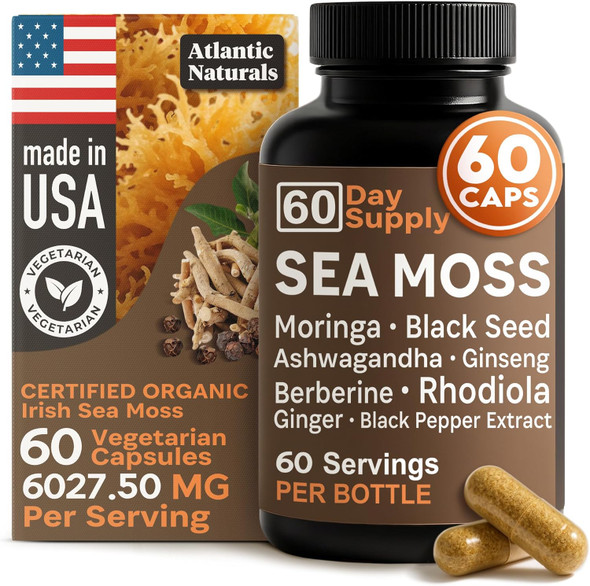 Atlantic Naturals Sea Moss Capsules – Irish Sea Moss With Black Seed Oil Ashwagandha Moringa Ginseng & Ginger For Energy Vitality & Wellness – Nutritional Supplement – Made In Usa – 60 Capsules
