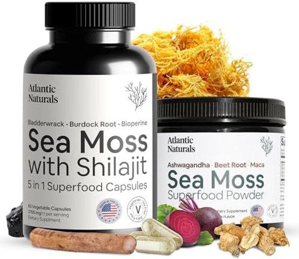 Atlantic Naturals Sea Moss Superfood Bundle - Sea Moss With Shilajit 5-In-1 Capsules & Sea Moss Powder With Ashwagandha Beet Root & Maca Root - Enhanced Vitality Skin & Athletic Support 60 Ct & 150G