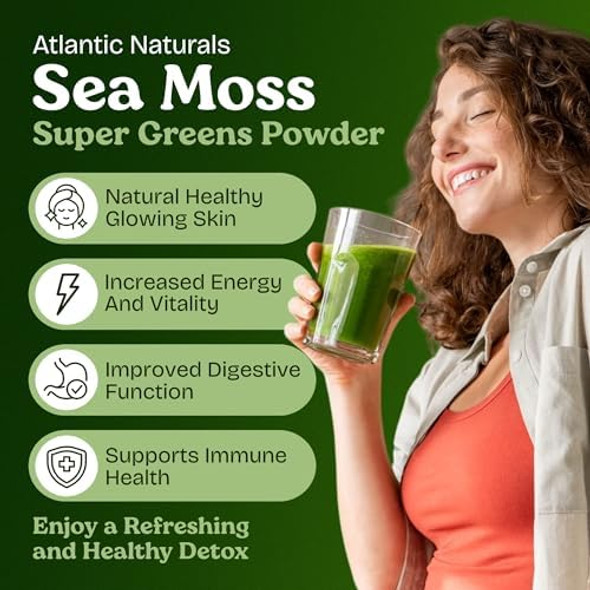 Atlantic Naturals Organic Sea Moss Super Greens Powder - Greens Superfood With 12 Vegetables 15 Fruits Probiotics 16 Herbs & Spices - Digestive Health Energy Skin & Immunity - Mixed Berry Flavor