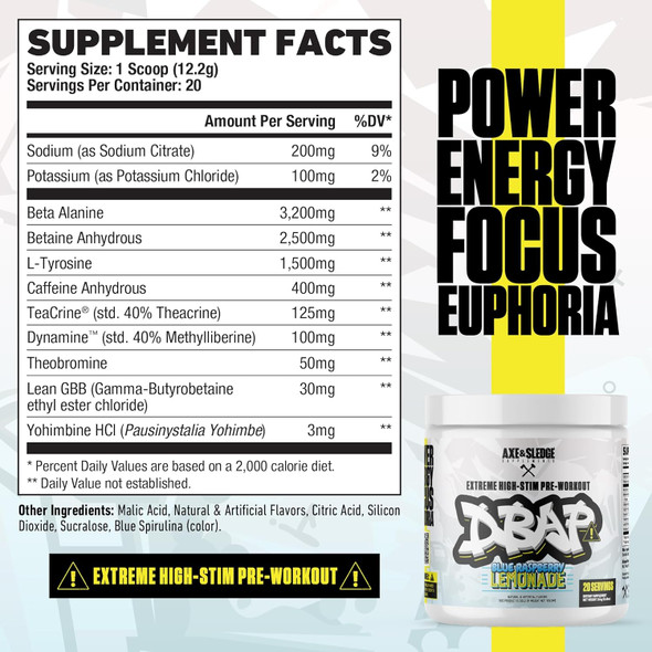 Axe & Sledge Dbap Extreme High Stim Pre-Workout Powder  400Mg Caffeine  Beta Alanine Betaine Anhydrous Electrolytes & Focus  High Stimulant Pre Workout Supplement  20 Servingssour Skyburst