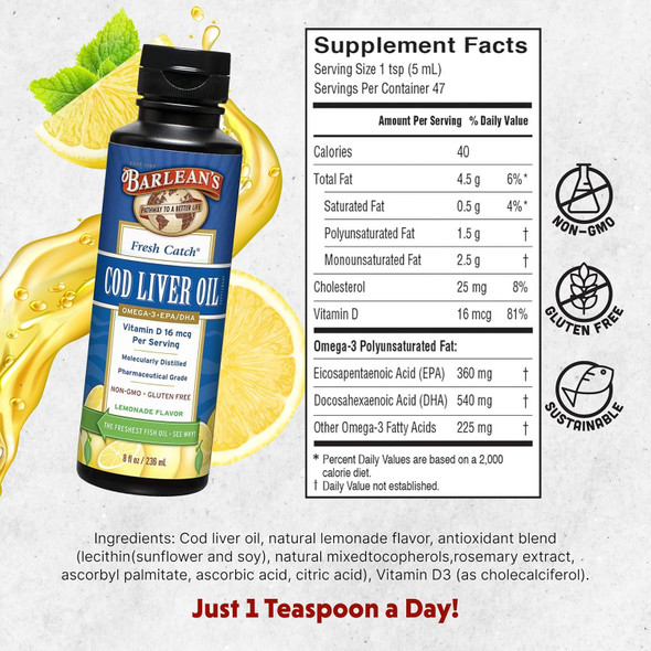 Barlean'S Cod Liver Oil Liquid Supplement Omega 3 Fish Oil With 900Mg Epa And Dha Plus Vitamin D Supplements For Joint Brain And Heart Health Support Lemonade Flavor 8 Oz